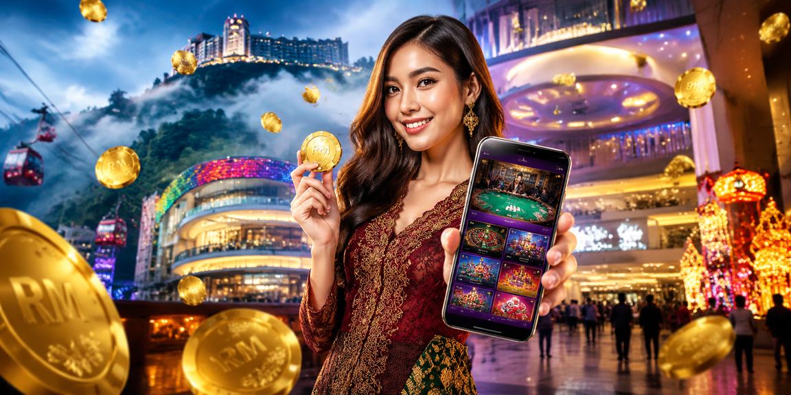 Pemandangan Genting Highlands dengan paparan aplikasi kasino najib44 di skrin telefon